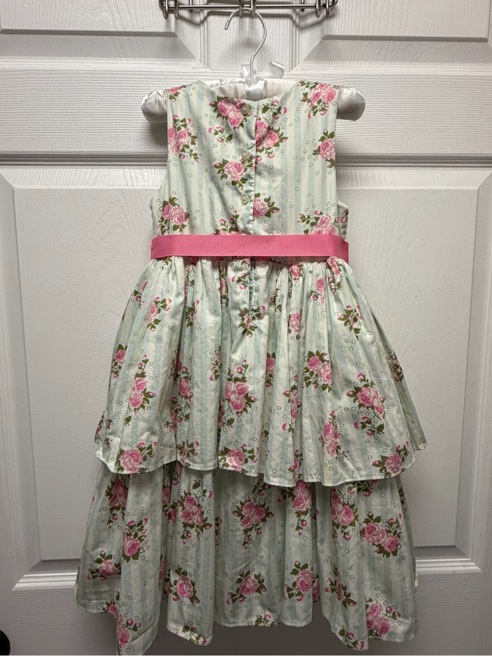 Laura Ashley Mint Floral Tiered Dress with Pink Sash - Picture 2 of 3